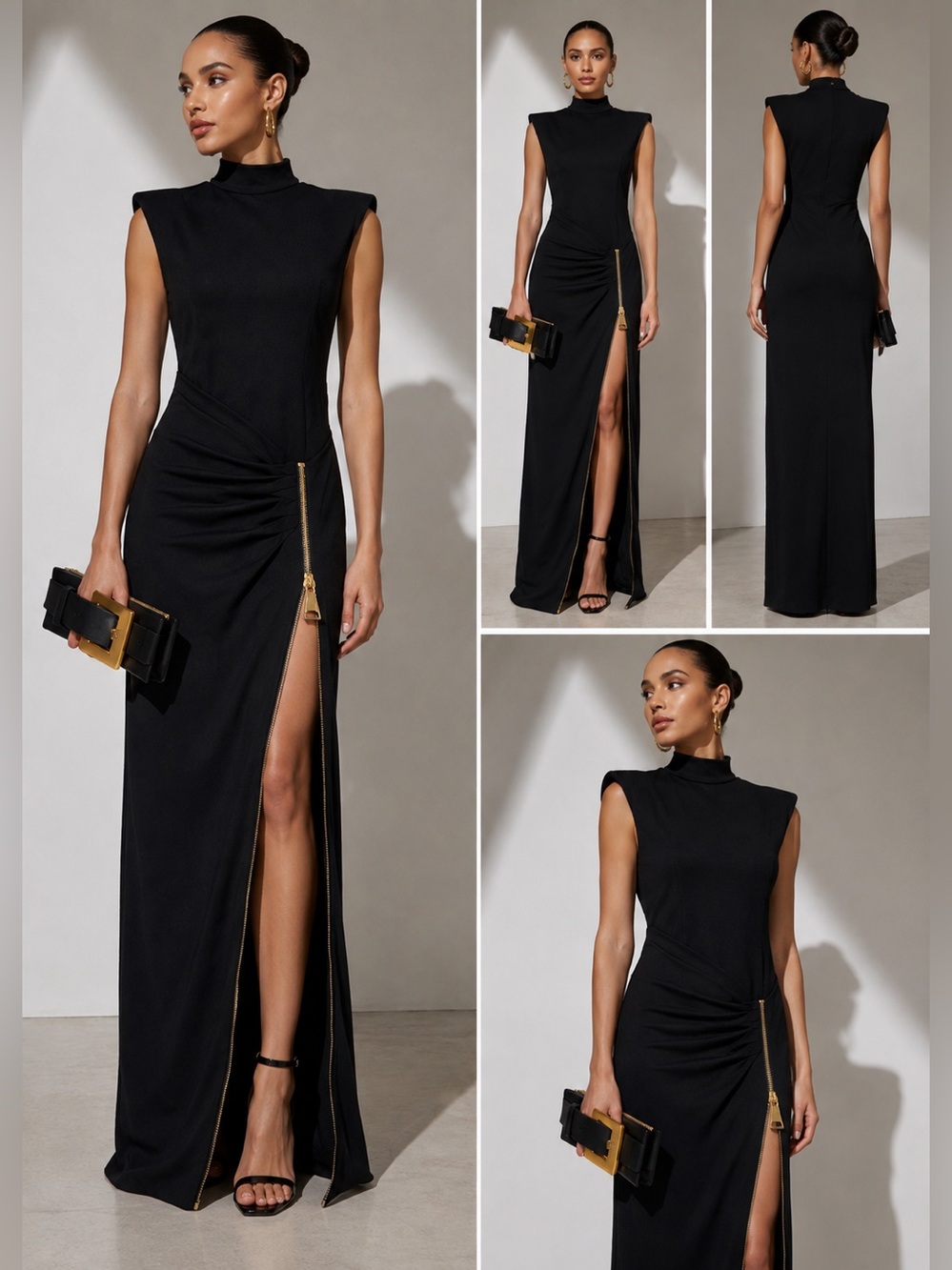 Sleeveless Black High-Neck Evening Gown with Gold Zip Detail